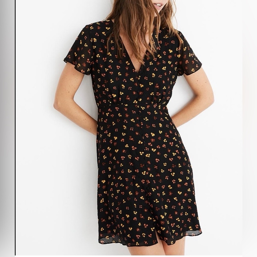 Silk Button-Front Swing Dress by Madewell in the "Feline Floral" print.